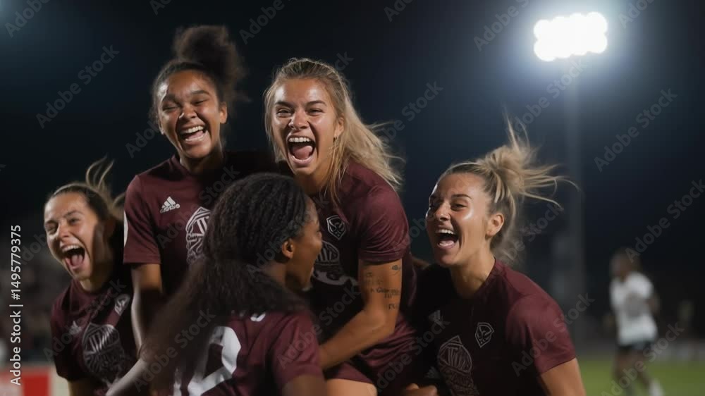 Joyful female soccer players hugging and laughing in celebration of a victory on a soccer field at night under floodlights, embodying teamwork, sports triumph and women's athletics
