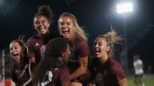 Joyful female soccer players hugging and laughing in celebration of a victory on a soccer field at night under floodlights, embodying teamwork, sports triumph and women's athletics
