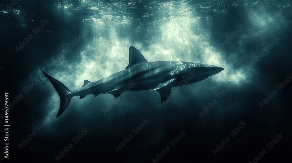 Fototapeta premium Shark swimming under the water in the ocean animal background
