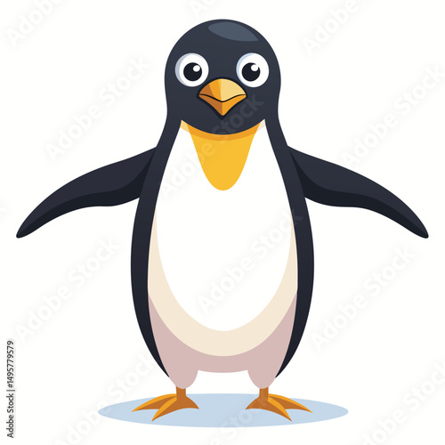 A king penguin with surprised eyes waddles with its wings outstretched  with white background.