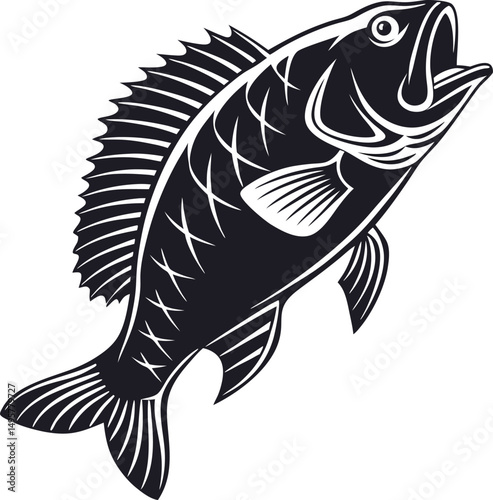 Tilapia Fish Silhouette Design Illustration. Bold Silhouette of a Tilapia Fish. Tilapia Fish Silhouette Artwork in Black. Freshwater Tilapia Silhouette Design for Fishing Art