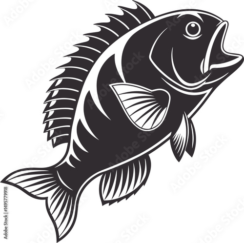Tilapia Fish Silhouette Design Illustration. Bold Silhouette of a Tilapia Fish. Tilapia Fish Silhouette Artwork in Black. Freshwater Tilapia Silhouette Design for Fishing Art