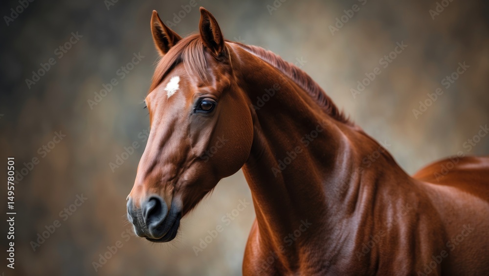 Fototapeta premium Side view detail of a brown mare horse in a horizontal portrait. Horse looking towards the camera.