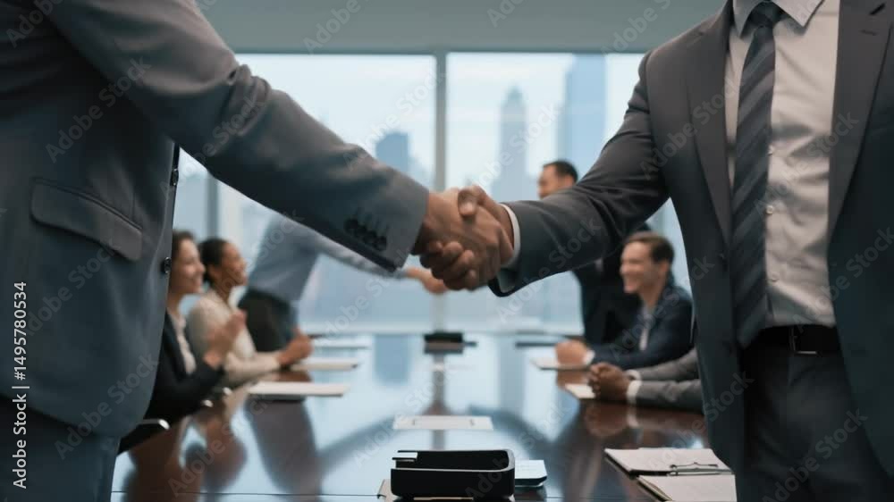 Business partners shaking hands across a boardroom table as colleagues applaud a successful deal, symbolizing corporate collaboration and achievement in a modern city office environment