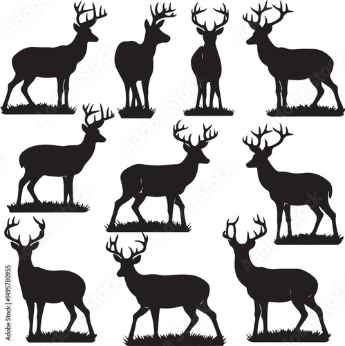 Collection of Ten Deer Silhouettes in Grass