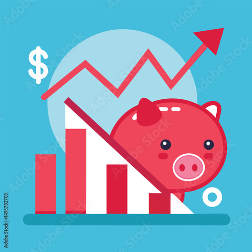 Financial Crisis Illustration Showing a Scared Piggy Bank with Decreasing Charts and Dollar Sign