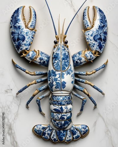 Dekorativer Porzellanhummer mit reich verziertem Delft-Blauen Muster photo