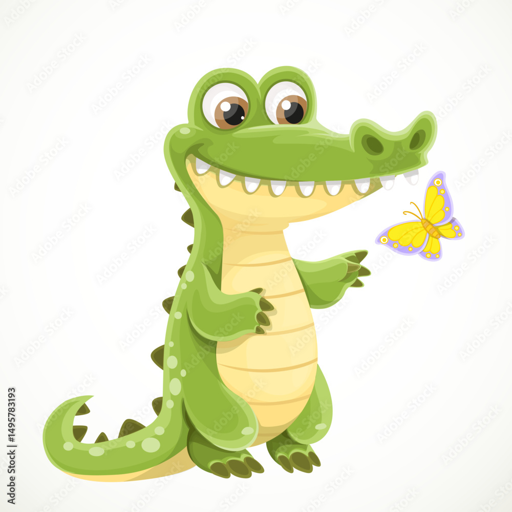 Fototapeta premium Cute cartoon alligator catching a butterfly isolated on a white background