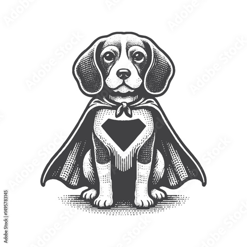 Vintage Hand-Drawn Beagle Illustration – Superhero Cape Dog Engraved Style Vector for T-Shirts, Posters, Stickers, and Comic-Themed Apparel