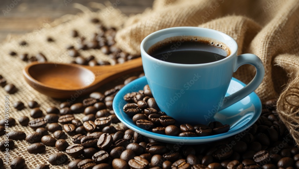 Fototapeta premium Hot coffee in a mug with roasted beans on a vintage surface and a wooden spoon