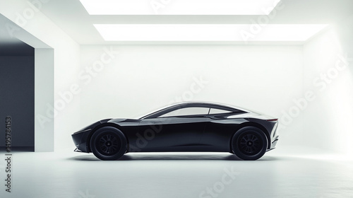 Sleek Black Sports Car in Modern White Garage