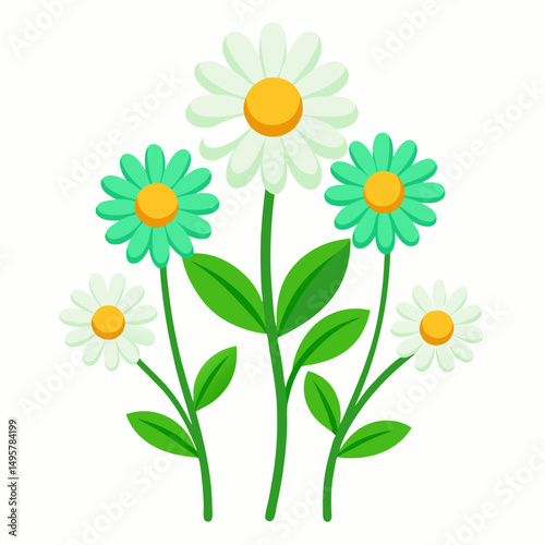 A stylized floral with six cartoo-like daisies and simple green stems vector illustration