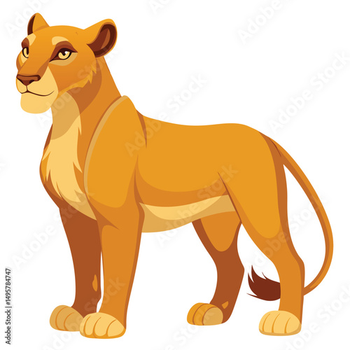 A majestic lioness with a tawny coat and piercing yellow eyes stands in profile with white background.