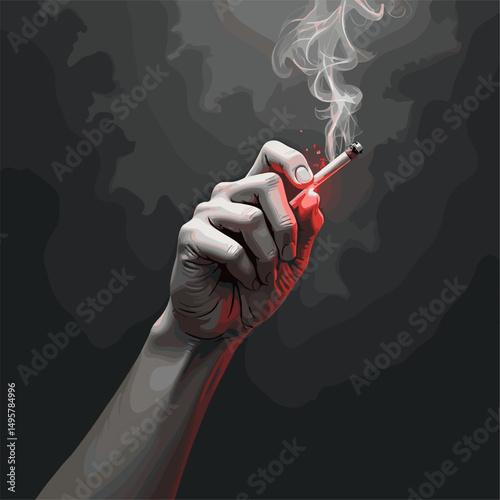 Crushing Addiction: Vector Art of Hand Squelching Cigarette. Powerful Graphic Symbolism of Overcoming Smoking. Grayscale Image with Red Embers Accents. Stop Smoking: Tense Scene of Breaking Free From