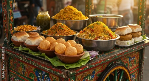 Indian Street Food Variety on a Colorful Cart - Culinary Delights Photos
