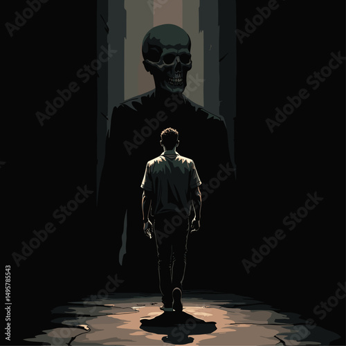 Dark Street Walker Vector: Modern Noir Illustration of a Man with a Cigarette Casting a Skull Shadow, Deadly Shadows and Strong Visual Impact. Dark and Modern. No Smoking: A Symbol of Danger.