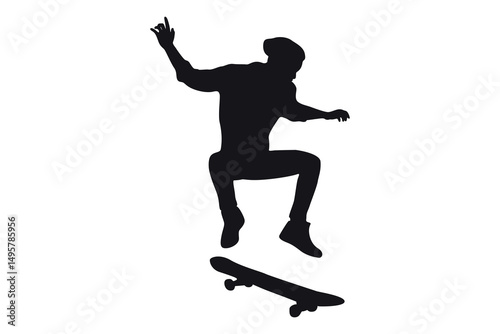 Vector art of Silhouette of skateboarder performing trick isolated on white background