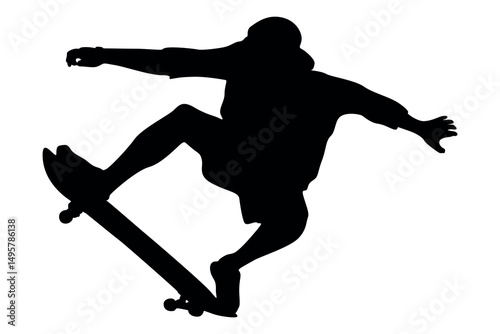 Vector art of Silhouette of skateboarder performing trick isolated on transparent background
