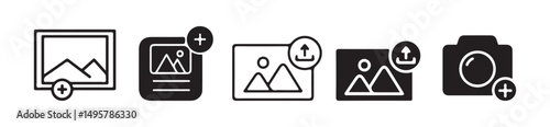 Black Add Photo Picture Line Icon. video icon. Set of camera plus icons. for mobile concept and web design. vector illustration on white background. vector eps 10