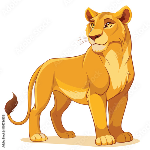 A majestic lioness with a tawny coat and piercing yellow eyes stands in profile with white background.