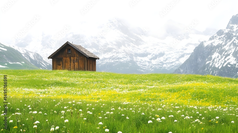 Fototapeta premium Alpine meadow with a small wooden cabin in the distance