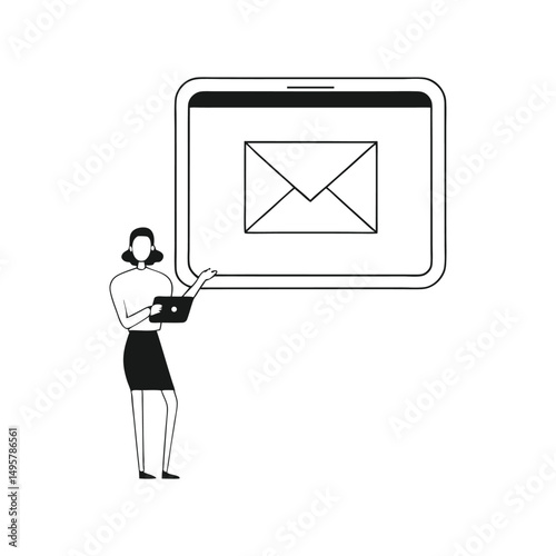 Black line art of young woman stands and holds large messages box stacked on top of each other