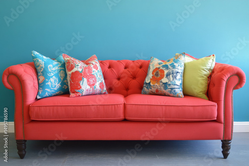 Colorful Throw Pillows and Cozy Sofa Interiors – Modern Home Decor Photography. AI generative.