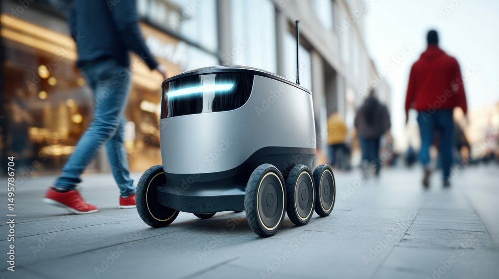 custom made wallpaper toronto digitalA delivery robot navigating a pedestrian walkway, showcasing the future of automated services in urban environments, with people blurred in the background.