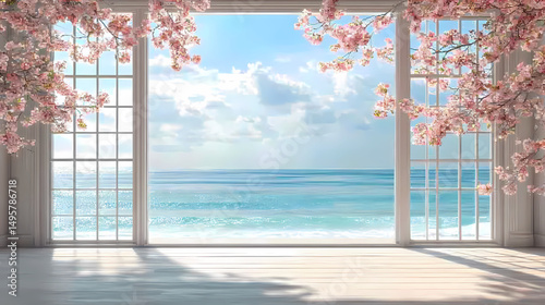 A vibrant cherry blossom scene. The window frames a breathtaking view of a boundless sea, The image exudes a sense of serenity and an invitation to embrace the beauty of spring.