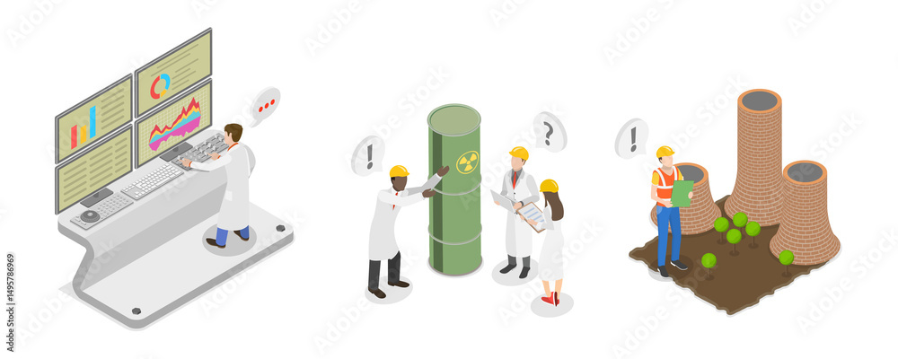 Fototapeta premium 3D Isometric Flat Illustration of Nuclear Energy, Power Generation Plant