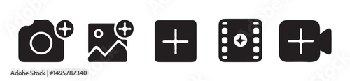 Black Add Photo Picture Line Icon. video icon. Set of camera plus icons. for mobile concept and web design. vector illustration on white background. vector eps 10