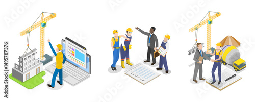 Wallpaper Mural 3D Isometric Flat  Illustration of Construction Workers , Building Industry Torontodigital.ca