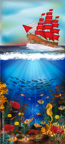 Underwater banner with sailboat and tropical fish. vector illustration