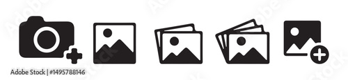 Black Add Photo Picture Line Icon. video icon. Set of camera plus icons. for mobile concept and web design. vector illustration on white background. vector eps 10