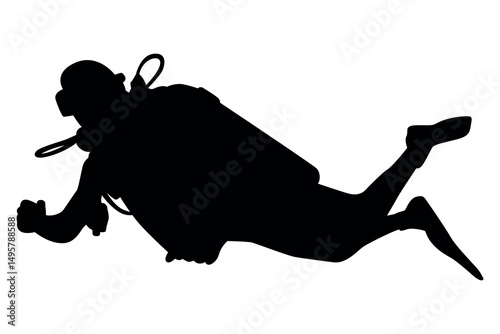 Vector art of Scuba diver silhouette swimming isolated on white background