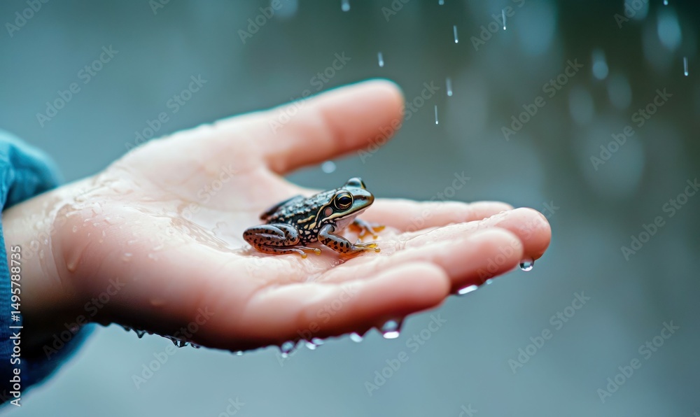 Obraz premium A small frog sits peacefully in the palm of a hand, with gentle raindrops falling around it. The image evokes a sense of wonder and connection with nature.