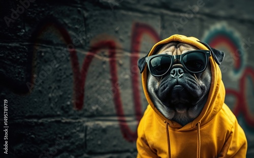 Streetstyle Mops mit Sonnenbrille vor Graffitiwand