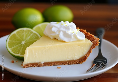 A slice of key lime pie on a white plate