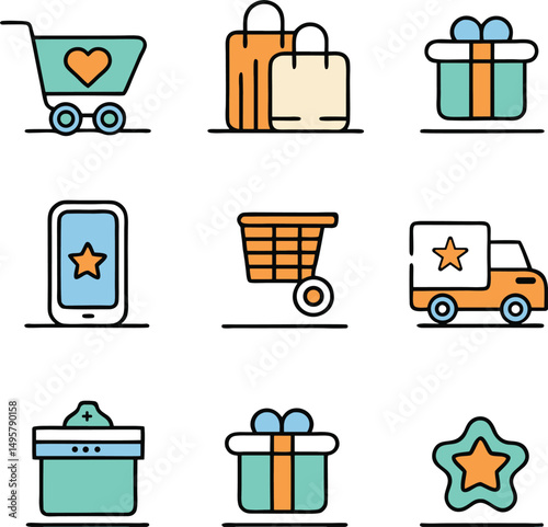 Gift box icons set for e-commerce shopping and delivery