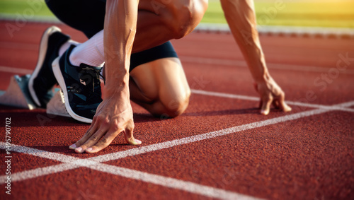 Closeup muscular legs and hands of an athlete in starting position on red running track. Runner on the race arena ready to start the sprint. Focus, readiness and determination before the quest begins