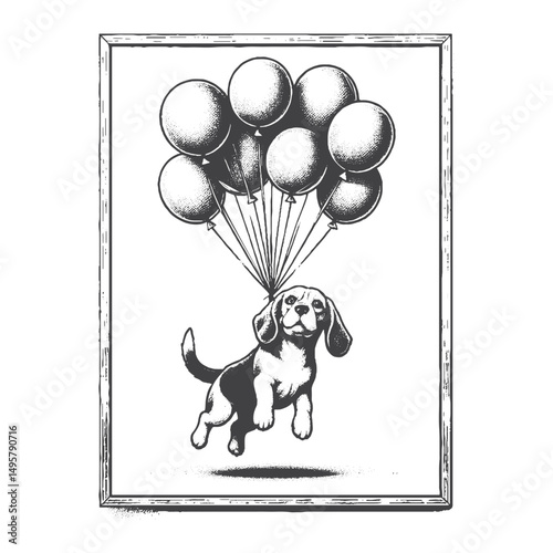 Vintage Hand-Drawn Beagle Illustration – Floating with Balloons Dog Engraved Style Vector for T-Shirts, Posters, Stickers, and Celebration-Themed Apparel
