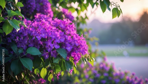 A profusely flowering green Bougainvillea (bougainvillea glabra) shrub photo