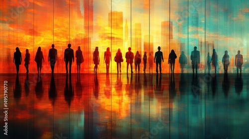 Silhouettes of People Walking Towards a Cityscape at Sunset