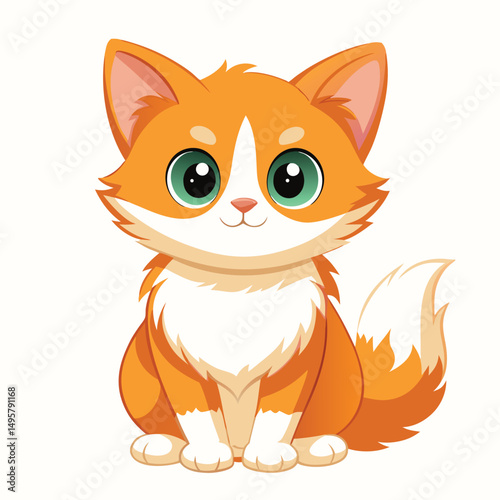 A small, fluffy ginger and white kitten with wide, innocent eyes sits looking upwards with white background.