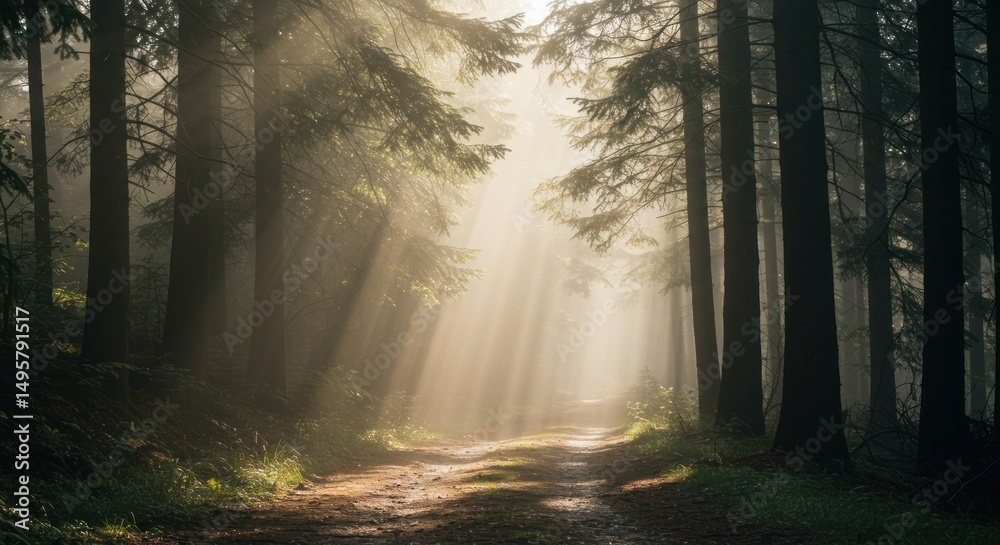 Naklejka premium Sunbeams Through Forest Trees, Misty Path Photos