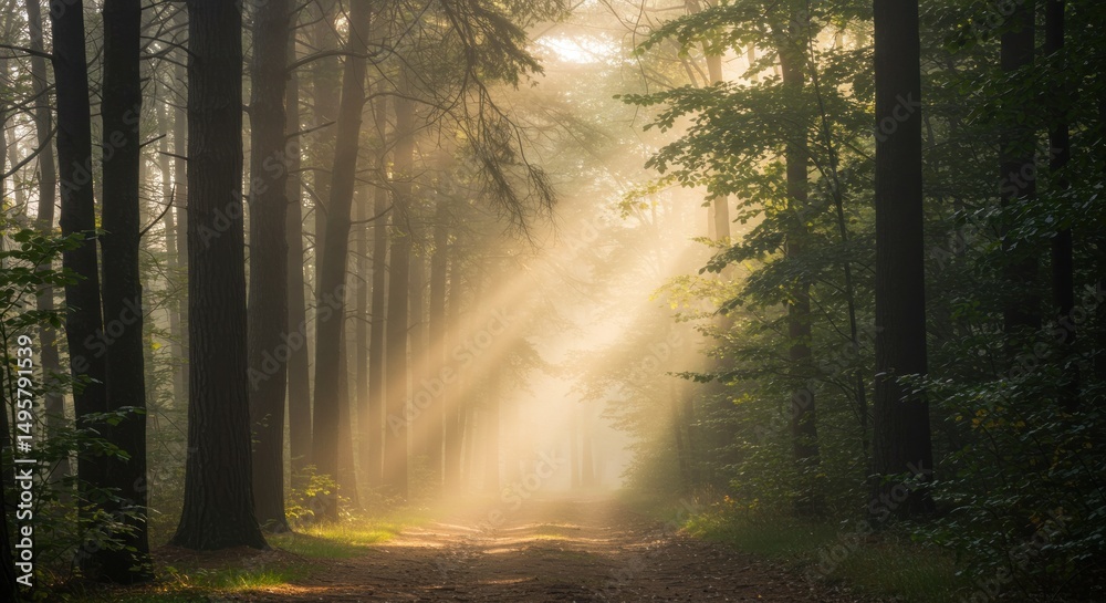 Obraz premium Forest Path with Sunlight Rays - Tranquil Nature Photography