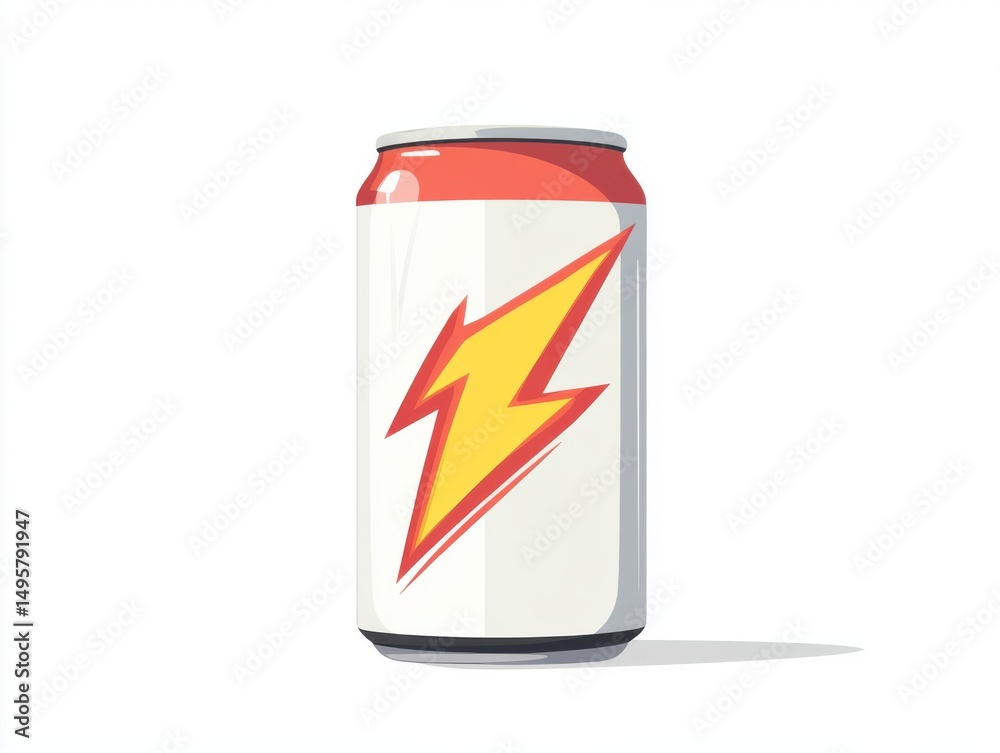 Fototapeta premium Flat vector energy drink can with lightning bolt label on white background 