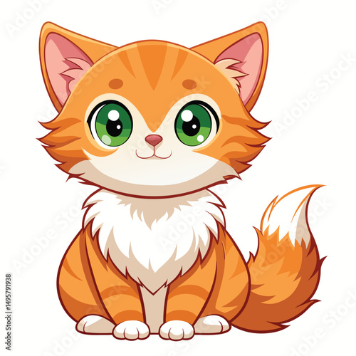 A small, fluffy ginger and white kitten with wide, innocent eyes sits looking upwards with white background.
