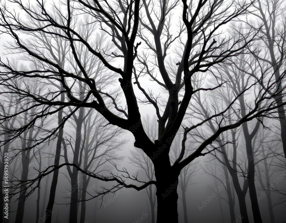 Obraz premium black and white high contrast silhouette of a foggy forest scene with intricate tree branches