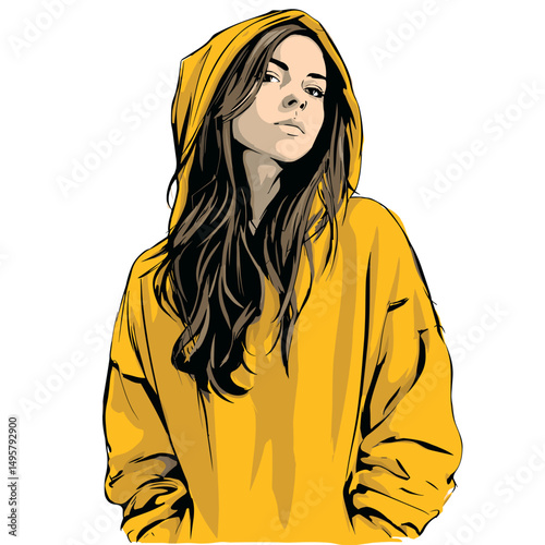 vector drawing of a girl in a hoodie .Generative AI